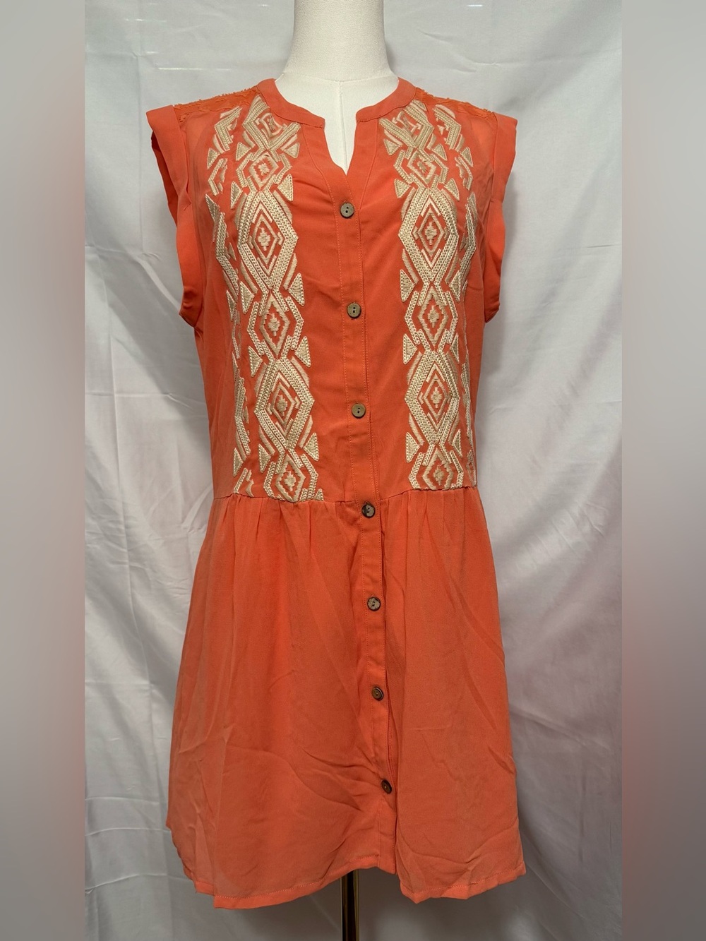 New Miss Me Orange/Peach Sleeveless Dress with Cream Embroidery Button Up